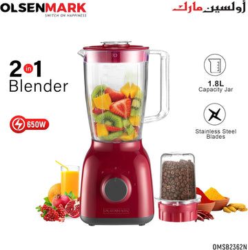 OLSENMARK 1.8L  2-in-1 Multifunctional Blender & Grinder for Ice Crushing Chopping Coffee Grinding Smoothie Maker with 2 Speed Control Stainless Steel Blades 650W - Imported from UK